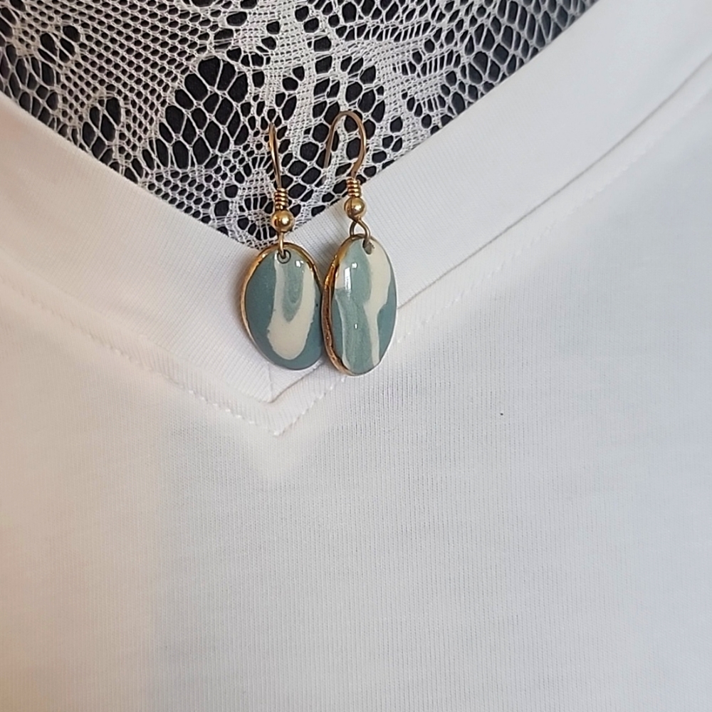 Artisian handmade clay earrings - light green, white with gold hooks